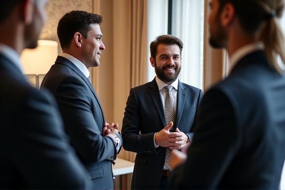 Professionals networking in a sophisticated lounge setting